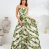 Κρέμ Μάξι Φόρεμα Με Πράσινη Στάμπα Φοίνικα