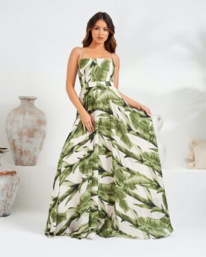 Κρέμ Μάξι Φόρεμα Με Πράσινη Στάμπα Φοίνικα