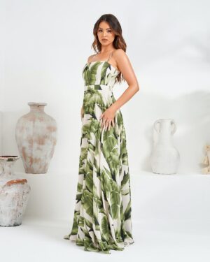 Κρέμ Μάξι Φόρεμα Με Πράσινη Στάμπα Φοίνικα