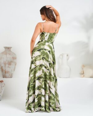 Κρέμ Μάξι Φόρεμα Με Πράσινη Στάμπα Φοίνικα