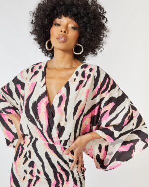 Leopard Print Μίντι Φόρεμα Με Φαρδιά Μανίκια