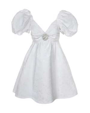 Λευκό Ζακάρ Μίνι Φόρεμα Με Φουσκωτά Μανίκια