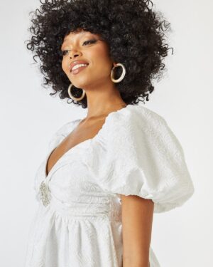 Λευκό Ζακάρ Μίνι Φόρεμα Με Φουσκωτά Μανίκια