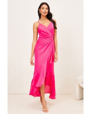 Σατέν Κρουαζέ Μάξι Φόρεμα Με Ασύμμετρο Βολάν