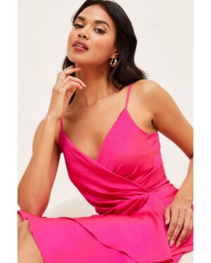 Σατέν Κρουαζέ Μάξι Φόρεμα Με Ασύμμετρο Βολάν