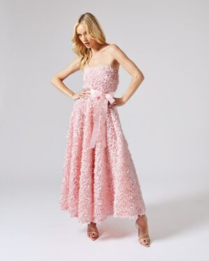 Bandeau Ροζ Μίντι Φόρεμα Με Ανάγλυφα Λουλούδια