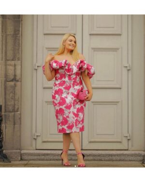 Bardot Ροζ Και Ασημί Ζακάρ Μίντι Φόρεμα Με Βολάν Στο Μπούστο