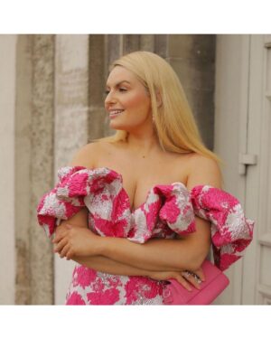 Ροζ Και Ασημί Ζακάρ Μίντι Φόρεμα Με Βολάν Στο Μπούστο