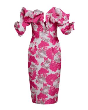 Ροζ Και Ασημί Ζακάρ Μίντι Φόρεμα Με Βολάν Στο Μπούστο