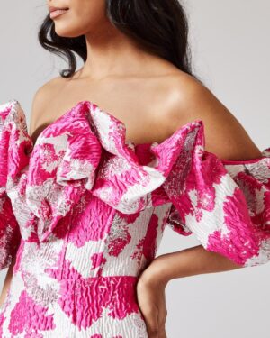 Ροζ Και Ασημί Ζακάρ Μίντι Φόρεμα Με Βολάν Στο Μπούστο