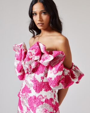 Ροζ Και Ασημί Ζακάρ Μίντι Φόρεμα Με Βολάν Στο Μπούστο