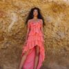 Chiffon Ασύμμετρο Κοραλί Φόρεμα Με Βολάν