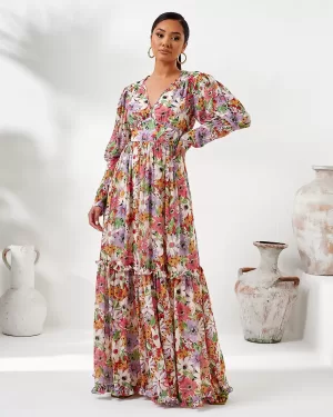 Floral Print Μάξι Φόρεμα Με Φουσκωτά Μανίκια
