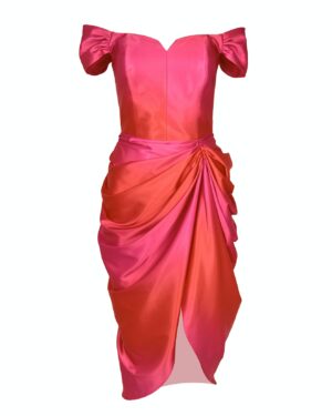 Ombre Μίντι Φόρεμα Ρόζ Και Πορτοκαλί Με Ντραπέ Φούστα