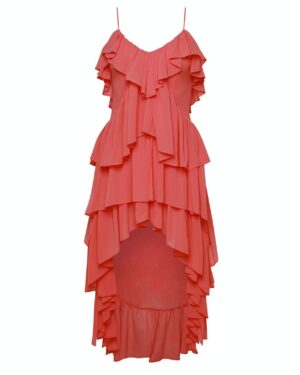 Chiffon Ασύμμετρο Κοραλί Φόρεμα Με Βολάν