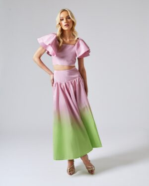 Ombre Ροζ Και Λάιμ Σετ Μίντι Φούστα Με Τόπ