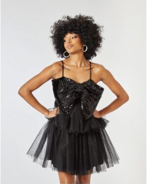 Μαύρο Μίνι Φόρεμα Με Sequin Φιόγκο
