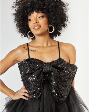 Μαύρο Μίνι Φόρεμα Με Sequin Φιόγκο