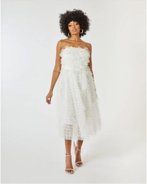 Bandeau Μίντι Άσπρο Φόρεμα Με Βολάν