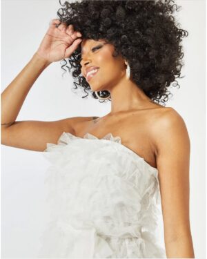 Bandeau Μίντι Άσπρο Φόρεμα Με Βολάν