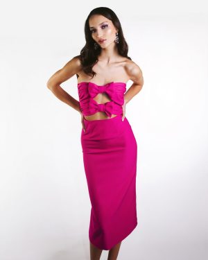 Φούξια Μίντι Φόρεμα Με Φιόγκους
