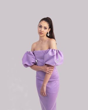 Μίντι Φόρεμα Λιλά Με Φουσκωτά Μανίκια