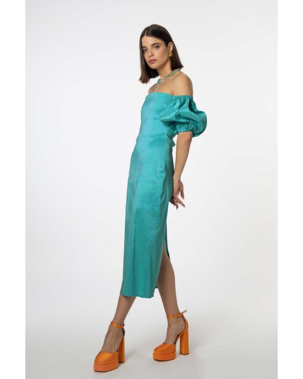 Μίντι Φόρεμα Turquoise Με Φουσκωτά Μανίκια
