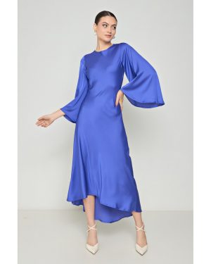 Μπλε Σατέν Ασύμμετρο Μακρύ Φόρεμα