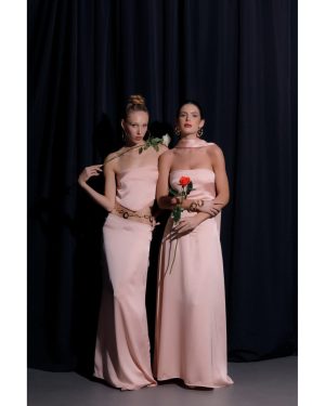 Belle Μακρύ Σατινέ Ροζ Φόρεμα