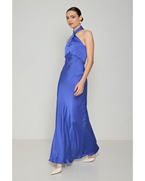 Μπλε Σατέν Μακρύ Φόρεμα Halter Neck