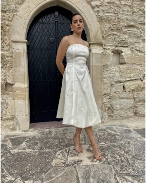 Ella Ecru Μίντι Φόρεμα Με Μαργαριτάρια