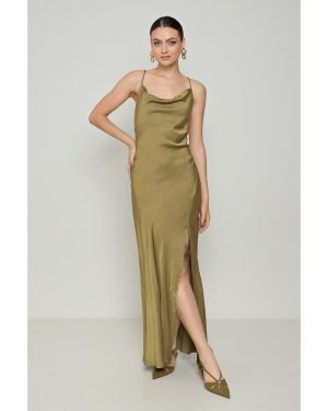 Ντραπέ Φόρεμα Σατινέ Χακί Με Έξω Πλάτη