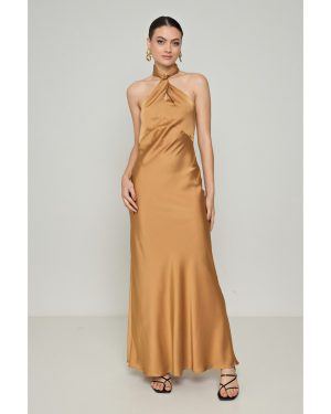 Σατέν Χρυσό Μακρύ Φόρεμα Halter Neck