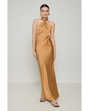 Σατέν Χρυσό Μακρύ Φόρεμα Halter Neck