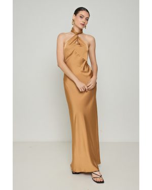 Σατέν Χρυσό Μακρύ Φόρεμα Halter Neck