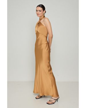 Σατέν Χρυσό Μακρύ Φόρεμα Halter Neck