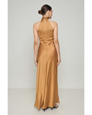 Σατέν Χρυσό Μακρύ Φόρεμα Halter Neck