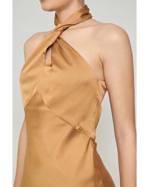 Σατέν Χρυσό Μακρύ Φόρεμα Halter Neck