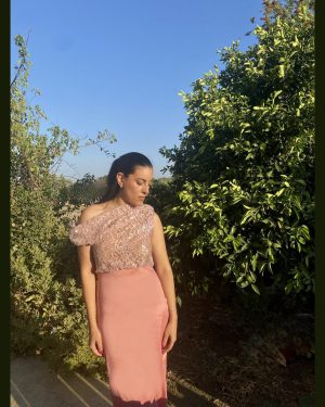 Ροζ Αντικέ Μακρύ Φόρεμα Μέ Sequin Δαντέλα