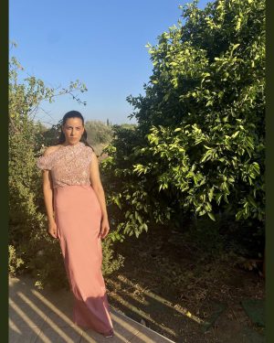 Ροζ Αντικέ Μακρύ Φόρεμα Μέ Sequin Δαντέλα