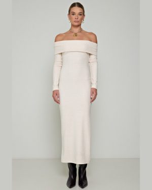 Φόρεμα Πλεκτό Άσπρο Off-Shoulder