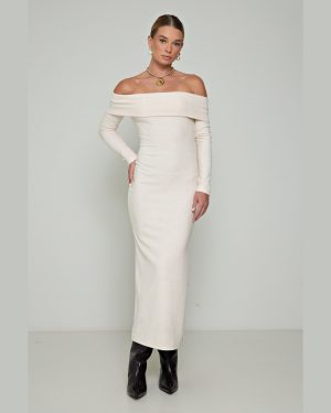 Φόρεμα Πλεκτό Άσπρο Off-Shoulder