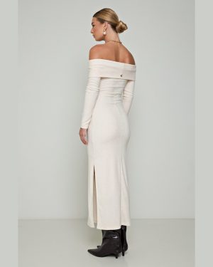 Φόρεμα Πλεκτό Άσπρο Off-Shoulder