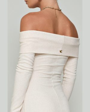 Φόρεμα Πλεκτό Άσπρο Off-Shoulder