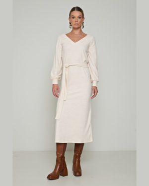 Φόρεμα Πλεκτό Άσπρο Με Ζώνη