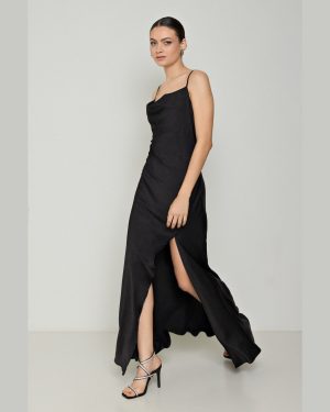 Ντραπέ Φόρεμα Σατινέ Μαύρο Με Έξω Πλάτη