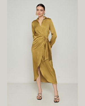 Wrap Χρυσό Σατέν Φόρεμα